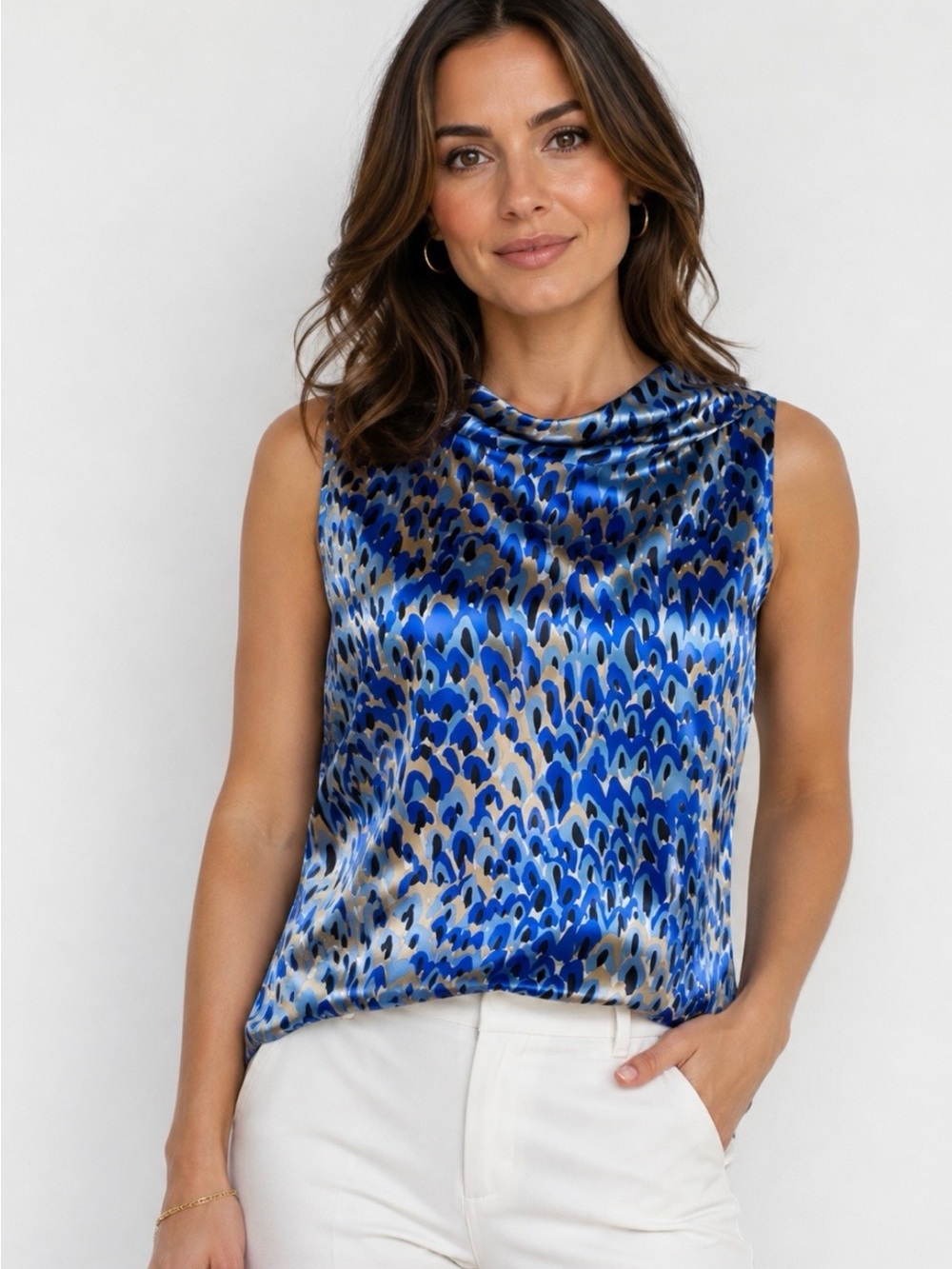 Carlisle Blue Silk Sleeveless Cowl Neck Blouse
